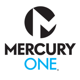 A black and blue logo for mercury one