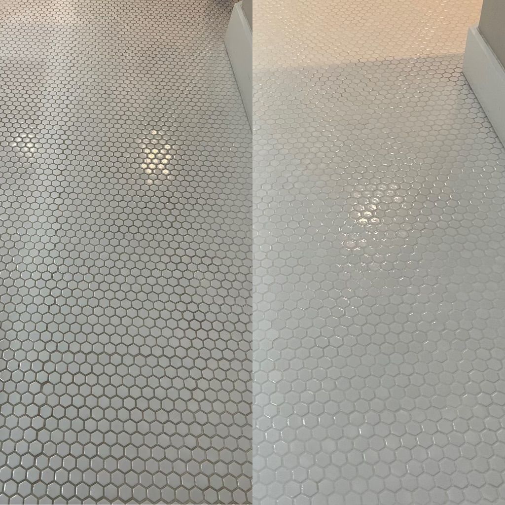A before and after photo of a white tile floor