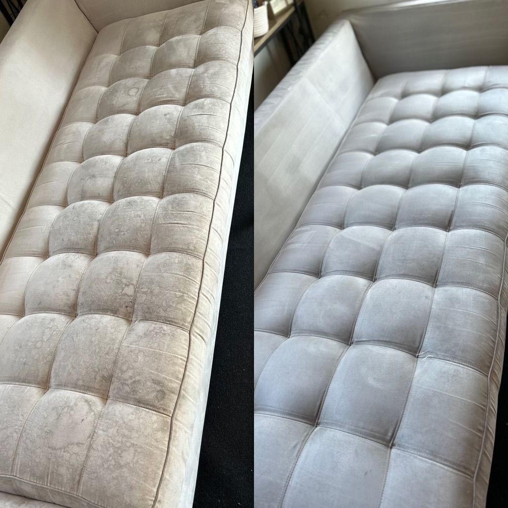 A before and after picture of a white couch.