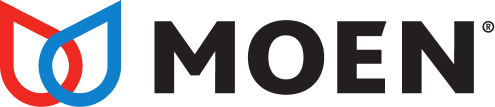 A moen logo with a red and blue flame on a white background.