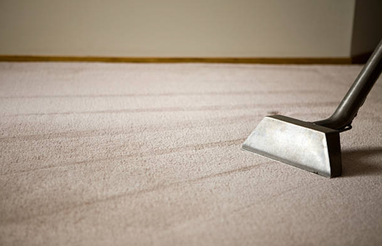 A vacuum cleaner is cleaning a carpet in a room.