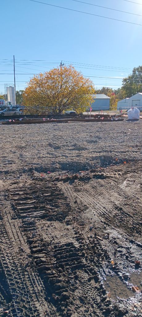 Dirt lot with tire tracks, a yellow-orange tree, and a low stone wall under a clear blue sky.