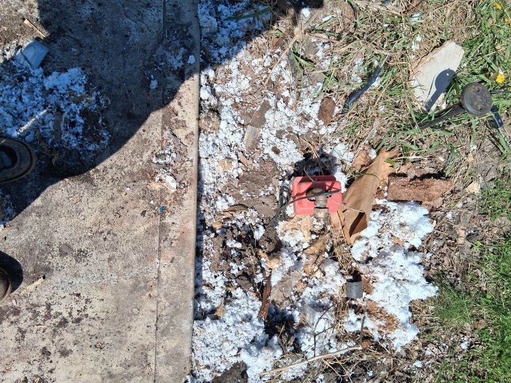 Broken concrete walkway beside grass with scattered debris and a small red object among leaves
