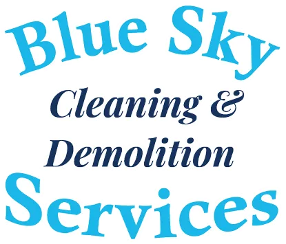 Logo text for Blue Sky Cleaning & Demolition Services with light blue and dark blue text on a white background.