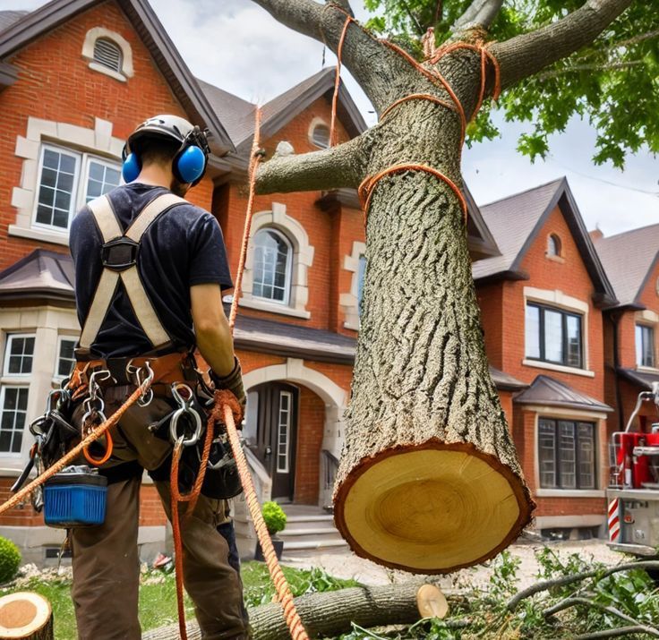 Arborist cutting tree, secured with ropes and safety gear, in front of a brick house.