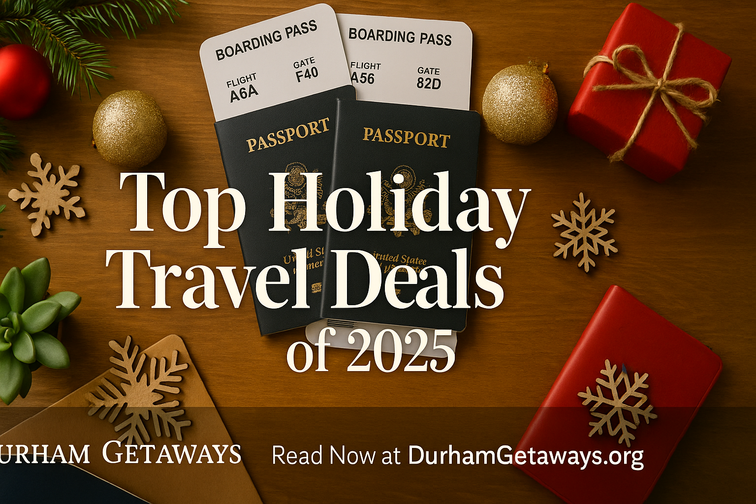 Holiday travel deals advertisement, passports, boarding passes, and gift boxes.