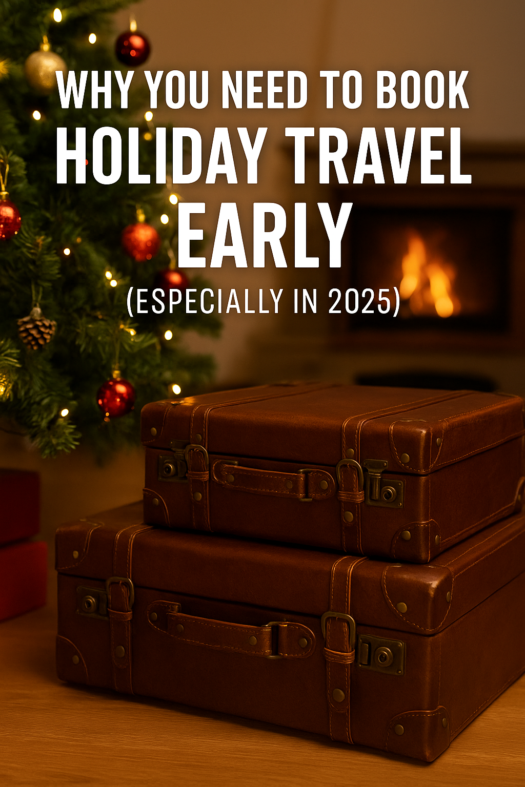 Two suitcases are stacked on top of each other in front of a Christmas tree.