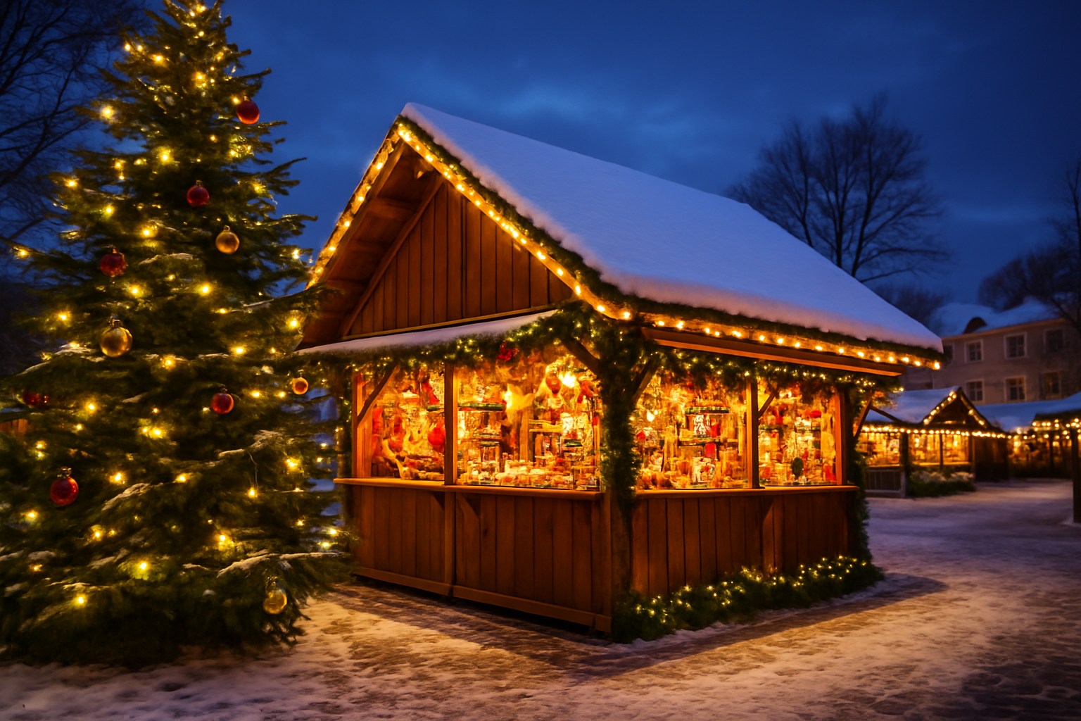 A christmas market with a wooden hut and a christmas tree in the background.