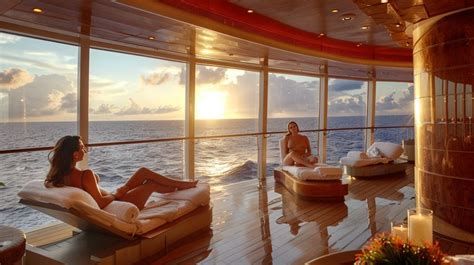 People lounging on cushioned chairs by floor-to-ceiling windows overlooking a sunset ocean.