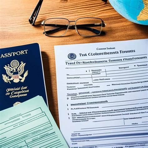 Passport and tax forms on a wooden desk with glasses and a globe.