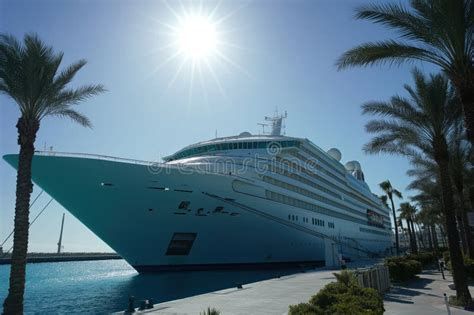 Large white cruise ship docked at a palm-lined pier under a bright sun