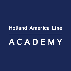 The holland america line academy logo is on a blue background