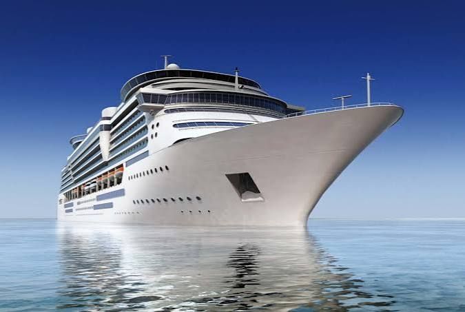 Large white cruise ship sailing on calm blue water under a clear sky