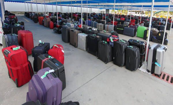 Rows of colorful suitcases lined up under a canopy at an airport or baggage claim area
