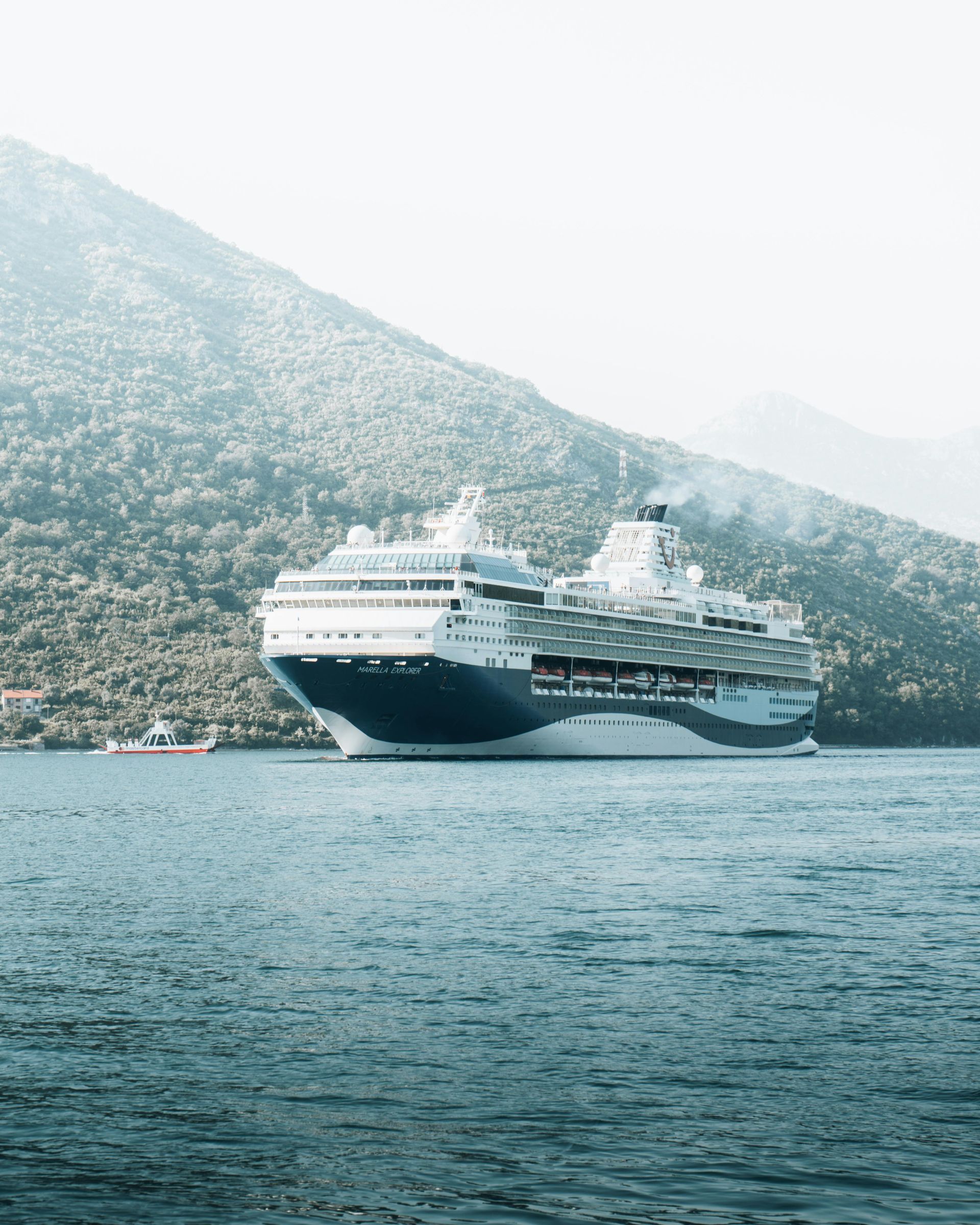 Large white cruise ship sailing on calm blue water near a green mountainside.