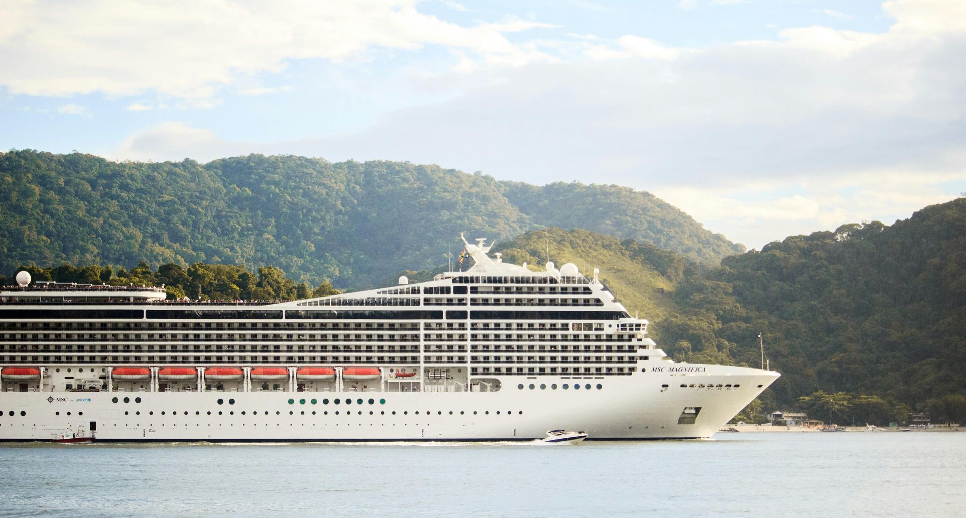 A large cruise ship is docked in the water with mountains in the background