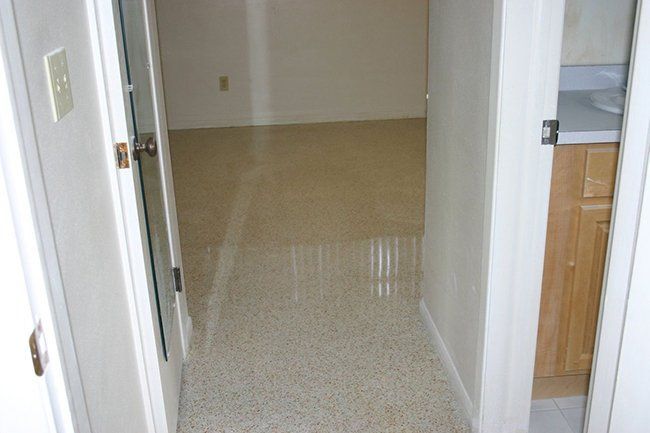 A perspective view of a hallway leading to a room with carpeted flooring.