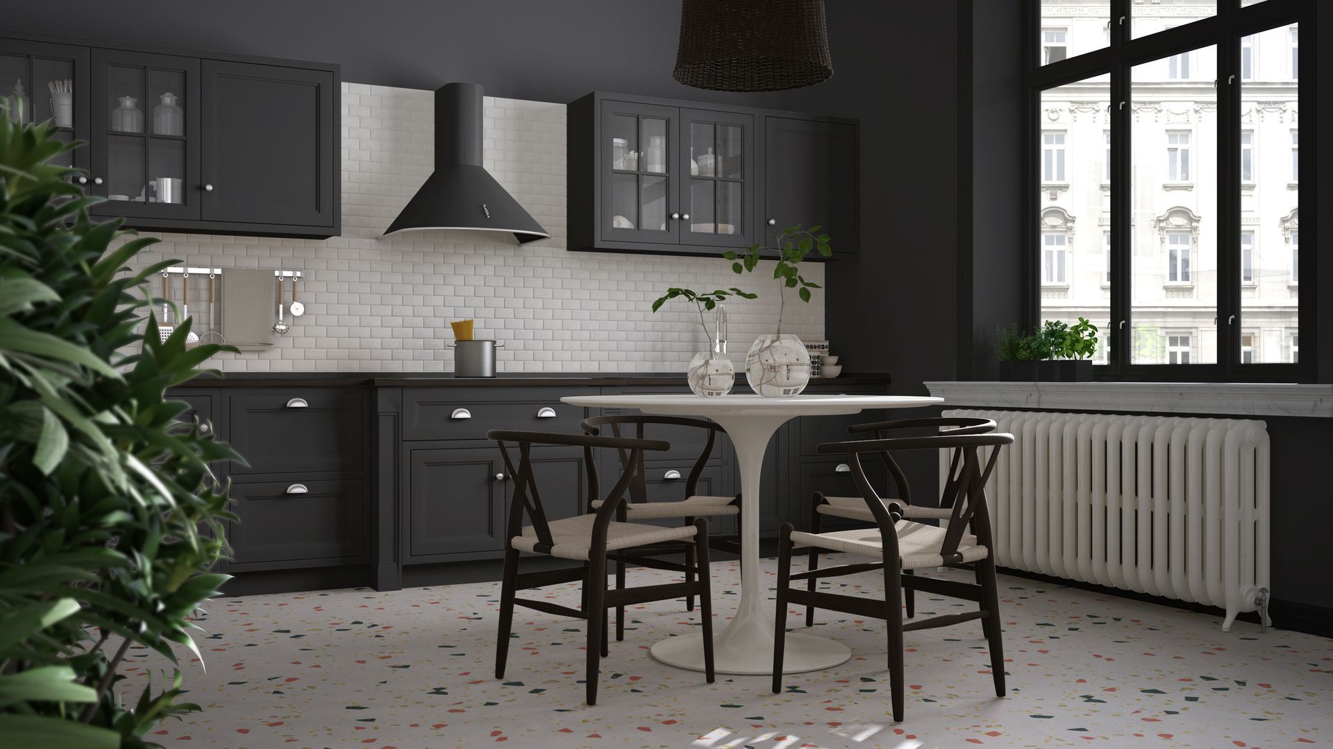 Modern kitchen with dark cabinets, white tiled backsplash.