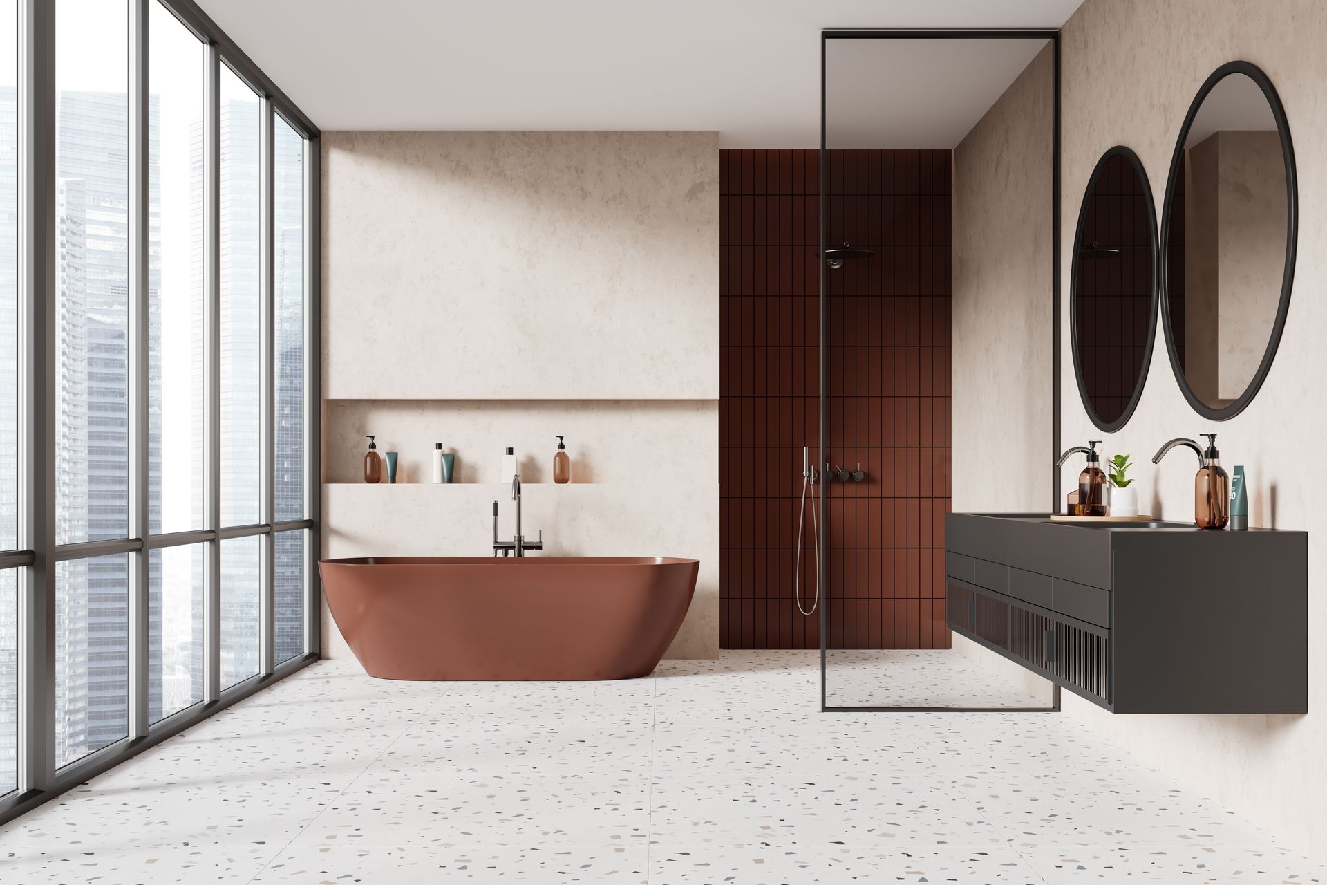 A modern bathroom with a terracotta tub.
