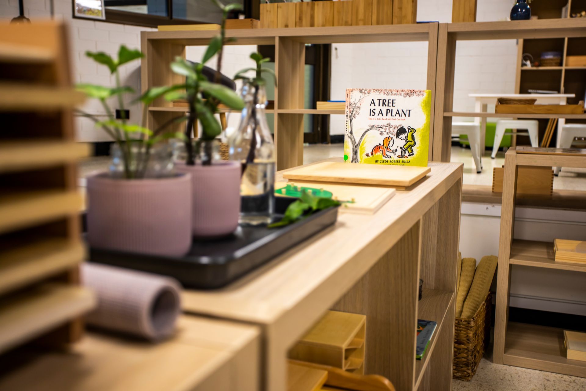A book is sitting on top of a wooden shelf in a room.
