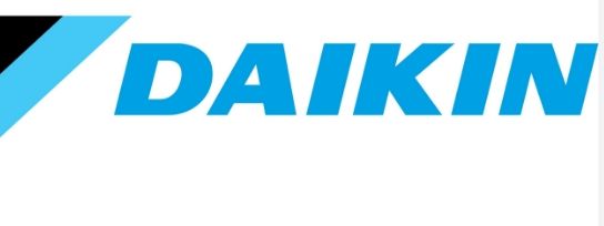 The Daikin brand logo featuring blue stylized lettering with an abstract blue and black chevron icon to the left.
