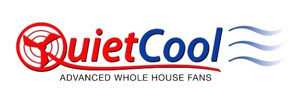 Logo for QuietCool Advanced Whole House Fans with a red fan icon, red and blue text, and blue stylized air waves.