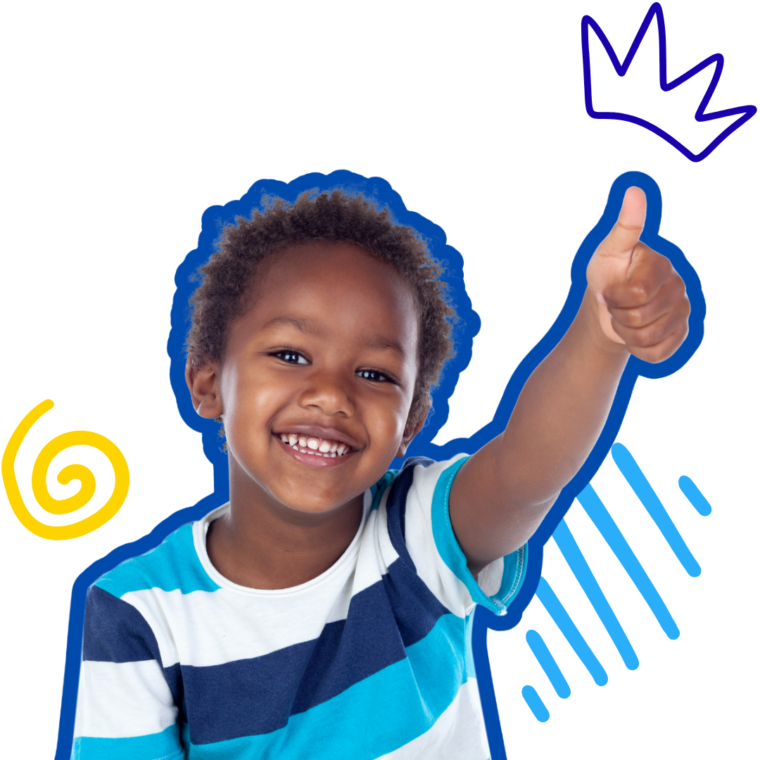 Smiling child giving a thumbs-up. Wearing a striped shirt. Cartoon crown and swirls.
