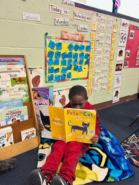 A young boy is reading a book called pete cat