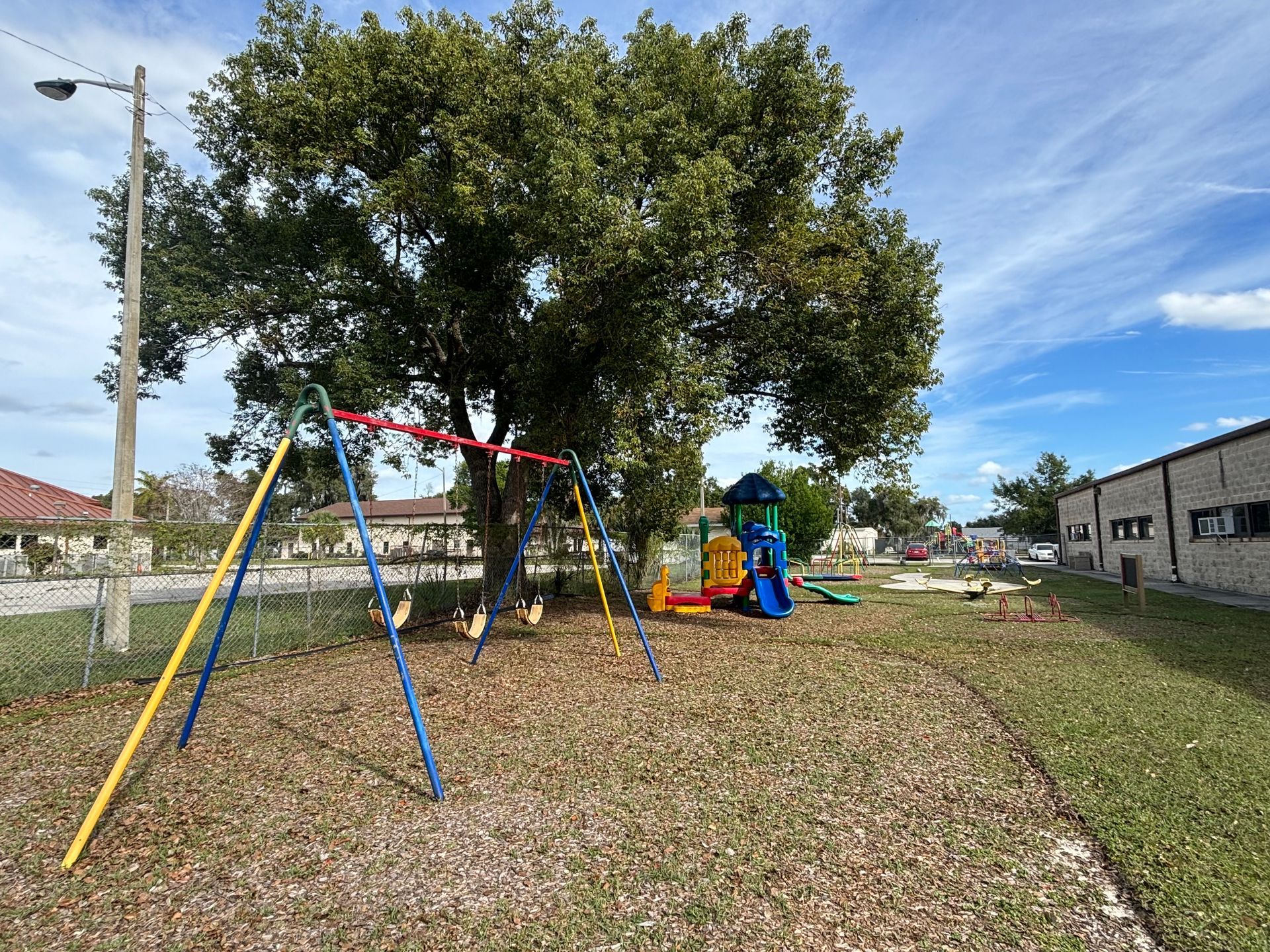 A playground with swings , a slide and a tree in the background.