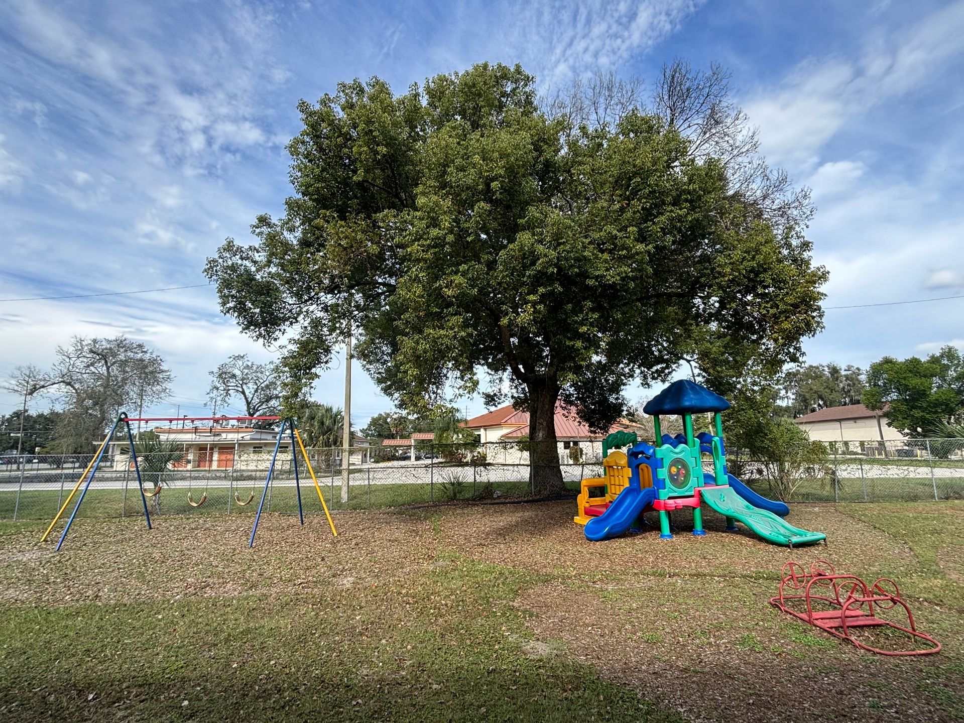 A playground with a slide , swings , and a tree in the background.