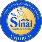 Blue and gold logo for Mt. Sinai Child Development Center, with a dove, open book, and text