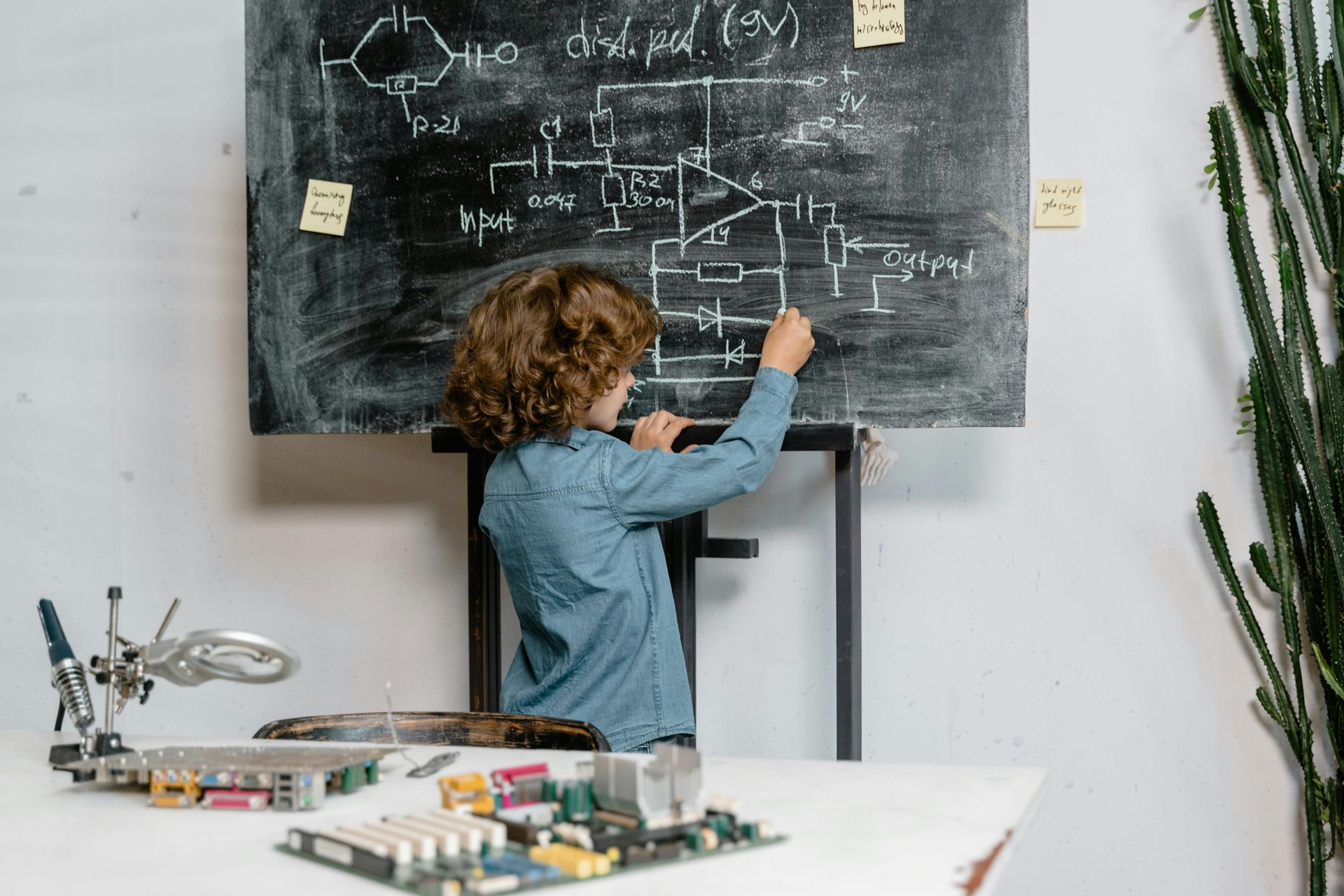 A young boy is standing in front of a blackboard writing on it.