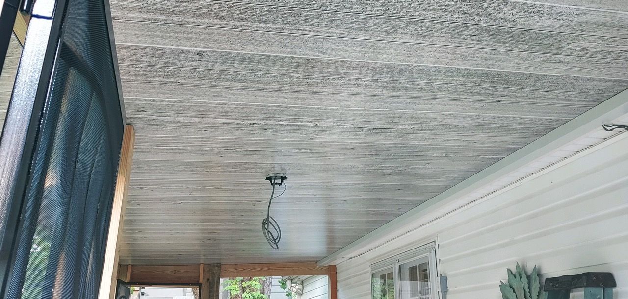 Screened-in porch ceiling with mold.  Light fixture hangs from gray and white wood slats.  Exterior siding on right.