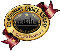 Consumers' Choice Award badge: Gold oval with dark cityscape and star, ribbon banner.