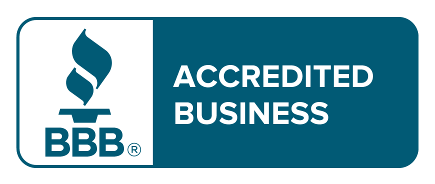BBB Accredited Business logo, white background with blue flame icon, text reads
