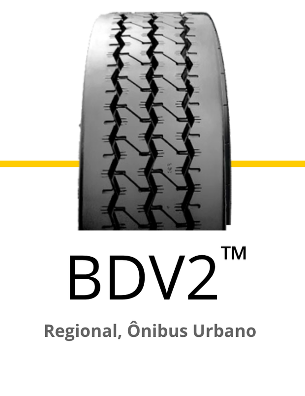Vista aproximada de um pneu preto com padrão de piso, com a inscrição 