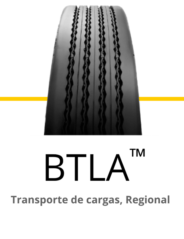 Banda de rodagem do pneu BDR-AS2. Fundo branco com uma linha horizontal amarela. Texto 