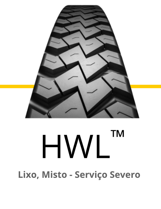 Banda de rodagem preta e branca com a marca HWL. Texto 
