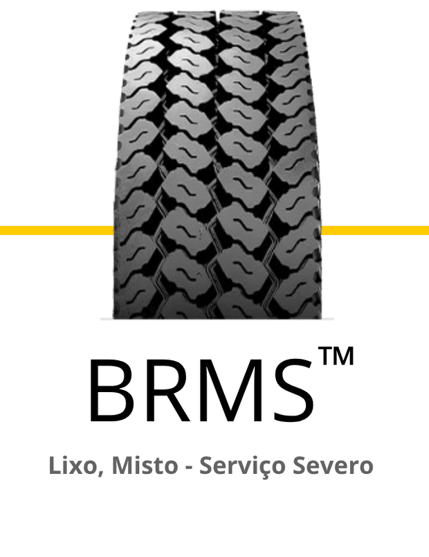 Um close-up de um pneu de caminhão, logotipo da BRMS, texto abaixo dizendo 