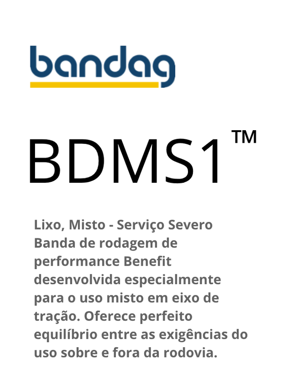 Etiqueta de pneus Bandag, BDMS1, para uso misto, serviço pesado, eixo de tração. Descreve os benefícios de desempenho