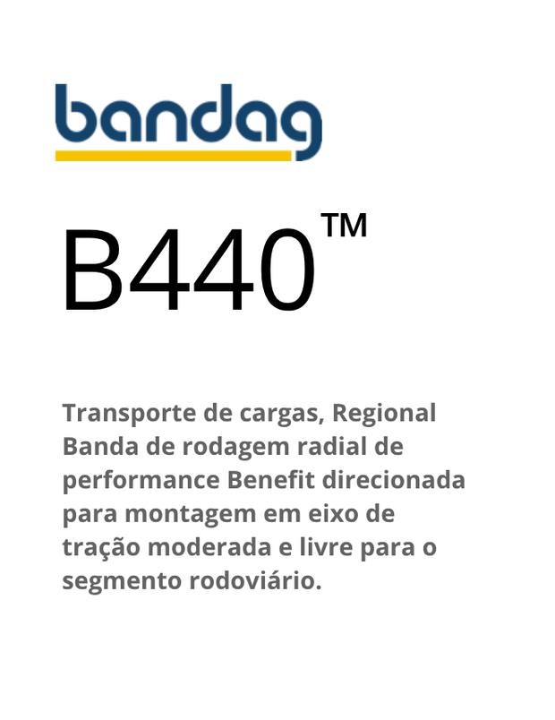 Logotipo do pneu Bandag B440 com texto descrevendo seu uso como pneu radial para tração moderada e transporte rodoviário.