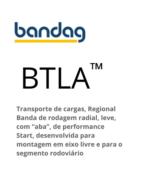 Rótulo do pneu Bandag BDR-AS2. O texto descreve o transporte regional para veículos com torque/potência médios.