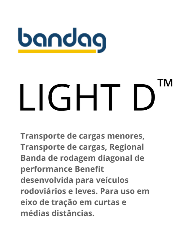 Rótulo do pneu Bandag LIGHT D. O texto descreve o uso pretendido para veículos leves, eixo de tração.