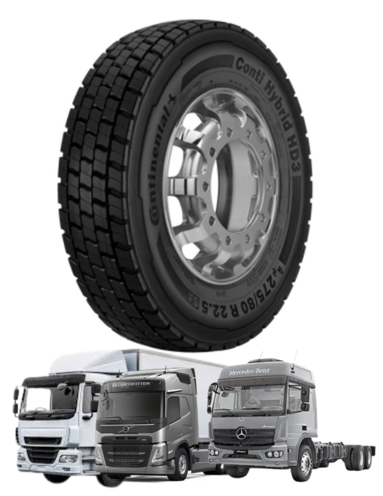 Pneu Continental Conti Hybrid HD3 para caminhão montado em uma roda prateada.