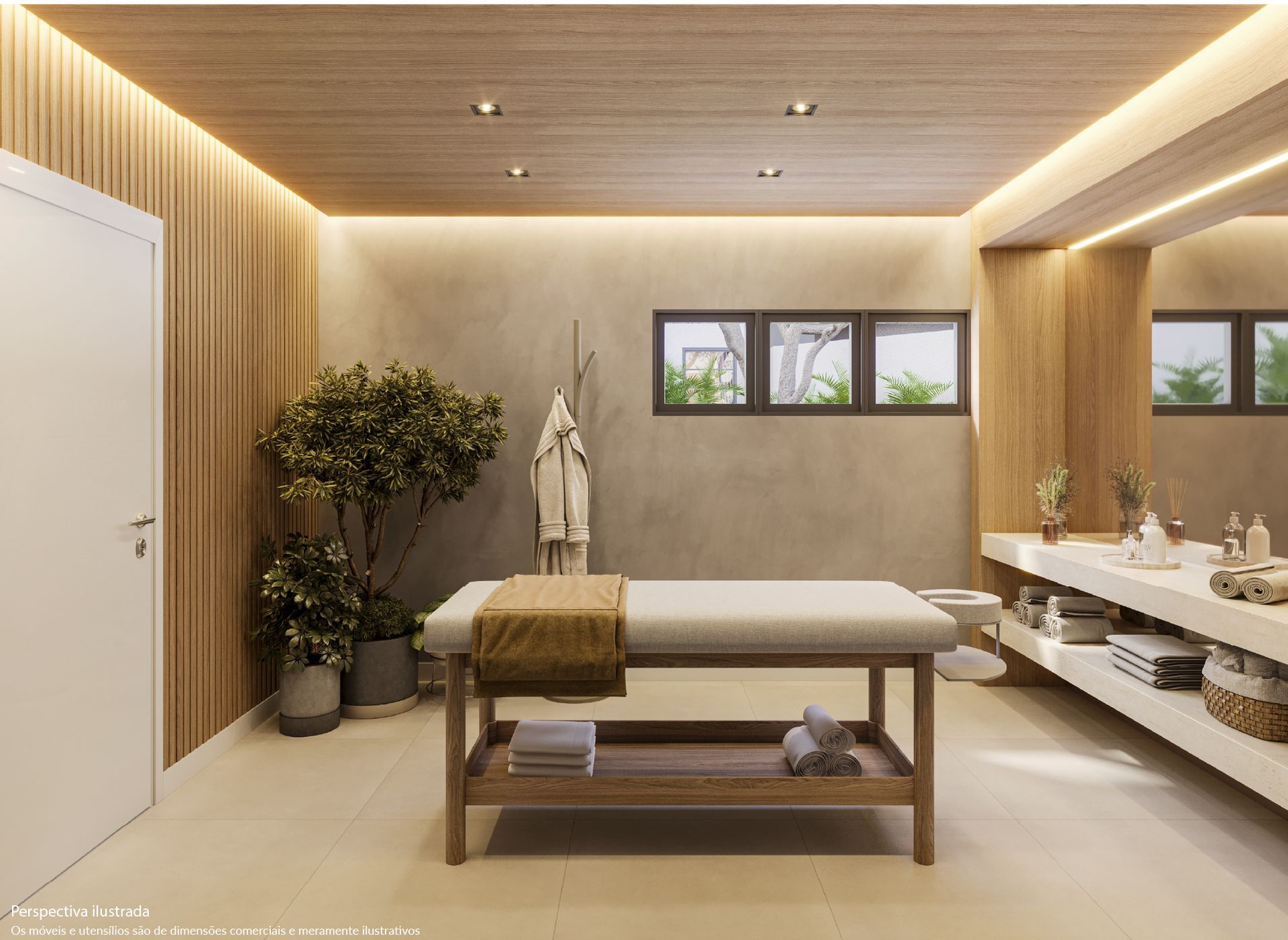 Sala de spa com mesa de massagem, painéis de madeira e espelho grande.