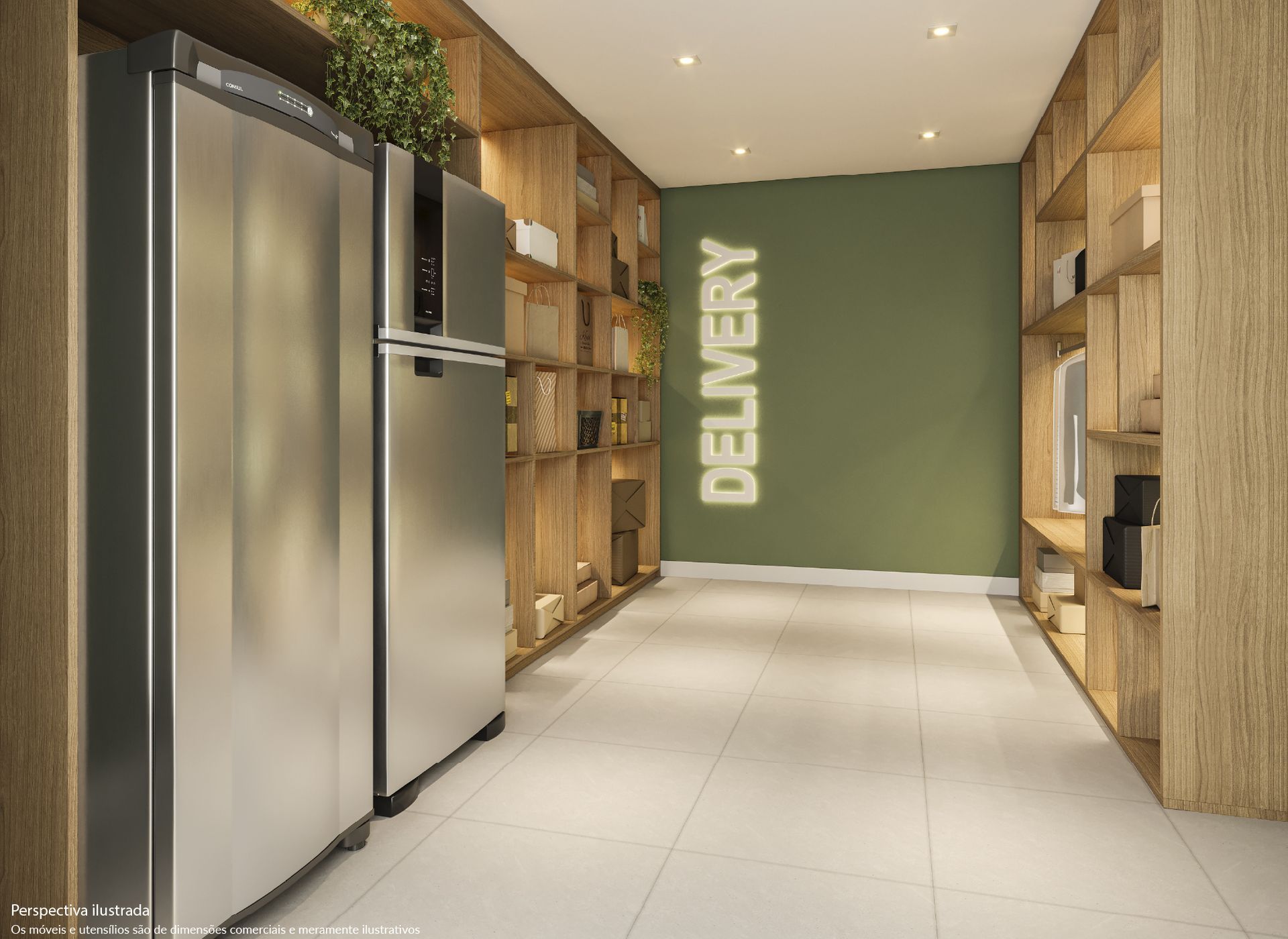 Geladeira e prateleiras em uma área de entrega, com placa de