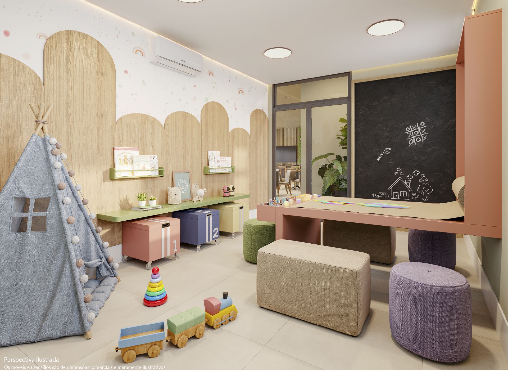 Sala de jogos com tipi, armários coloridos, mesa de artesanato e painéis de madeira em formato de nuvem.