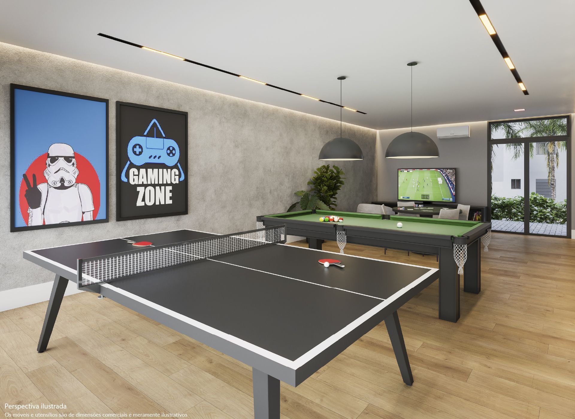 Sala de jogos com mesa de pingue-pongue, mesa de sinuca e área de videogame. Pôsteres na parede.