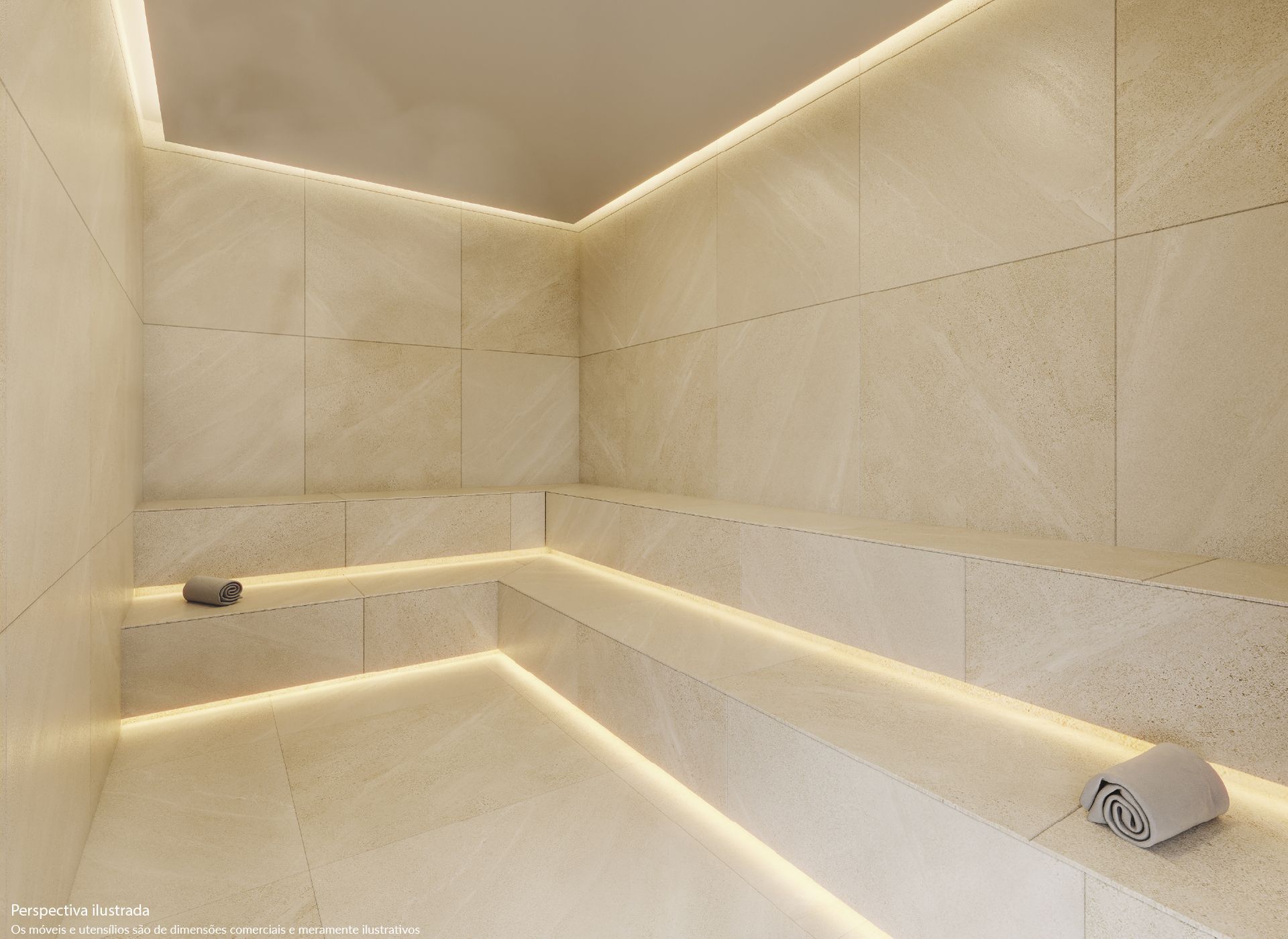 Sauna a vapor com paredes de azulejos bege, bancos e iluminação suave.