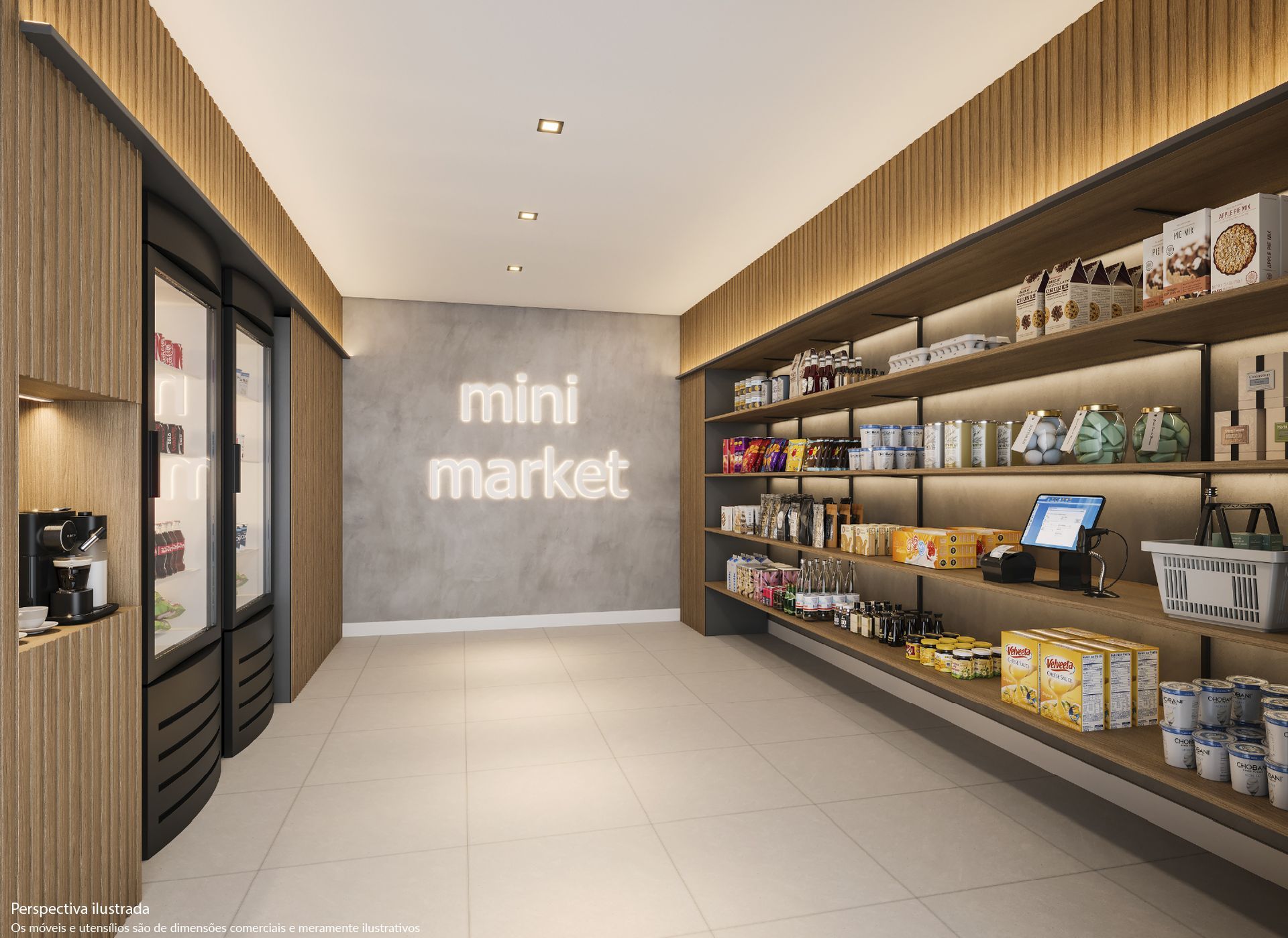 Interior de minimercado com prateleiras de alimentos e bebidas, uma máquina de venda automática e um sistema de ponto de venda.